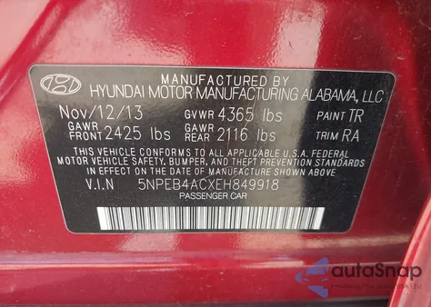 2014 Hyundai Sonata Gls from USA, damaged, VIN 5NPEB4ACXEH849918
